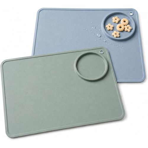 2 Pack Silicone Baby Placemats with Built-in Bowl, 14" x 10" Large Textured Toddler Feeding Mats for Self-Feeding, Food-Grade Silicone, BPA Free, Dishwasher Safe, Easy to Clean, Green Blue