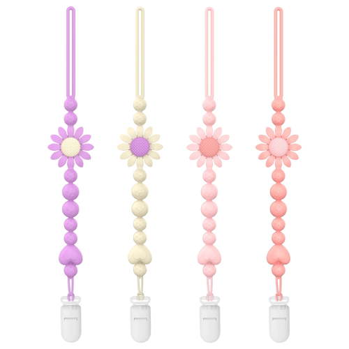 Pacifier Clip, 4 Pack Silicone Pacifier Clip with One Piece Design for Newborn Boys and Girls, Floral Patterns Pacifier Holder Clip Fits for Most Pacifier, Baby Teethers, Baby Shower