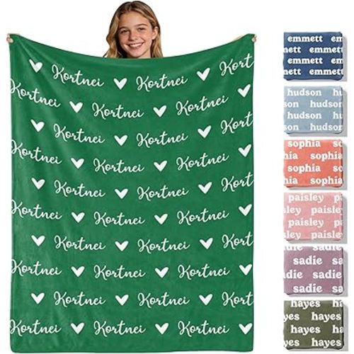 Personalized Baby Blankets and Throws, Custom Blanket with Name, Personalized Valentines Blanket Gifts for Kids Her Teen Girls Boys, Ships Next Day (Forest Green)