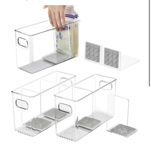 Breastmilk Storage Container with L Shaped Dividers to Flatten Standing Breast Milk Bags in Organizer Bins Save Refrigerator Space | 2 Containers with 4 Removable Separator Boards - Gray