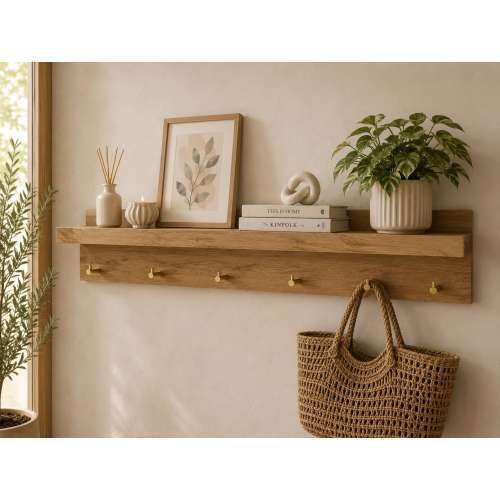 Solid Oak Wall Shelf with Brass Hooks – Handmade Entryway Organizer | Rustic Coat Rack | Floating Shelf with Hooks