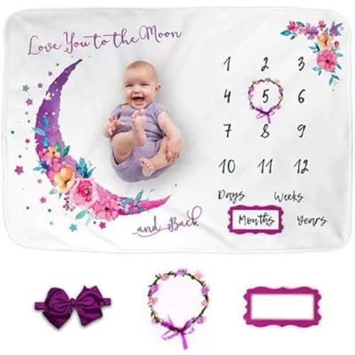 Baby Monthly Milestone Blanket Baby Photoshoot Props Photo Blanket for Girl Boy Growth Gifts 60''x 40'' Blankets (Purple Moon)