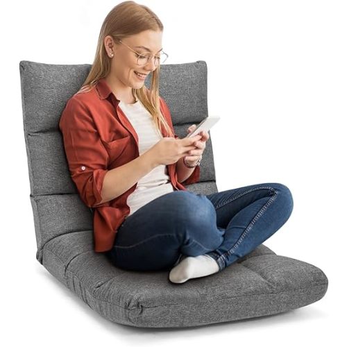 COSTWAY Floor Chair, Folding Gaming Chair with Back Support, 14 Adjustable Positions, Alloy Steel Frame, Lazy Sofa Lounge for Playing Reading Meditating Room Recliner for Adults, Kids (Gray)