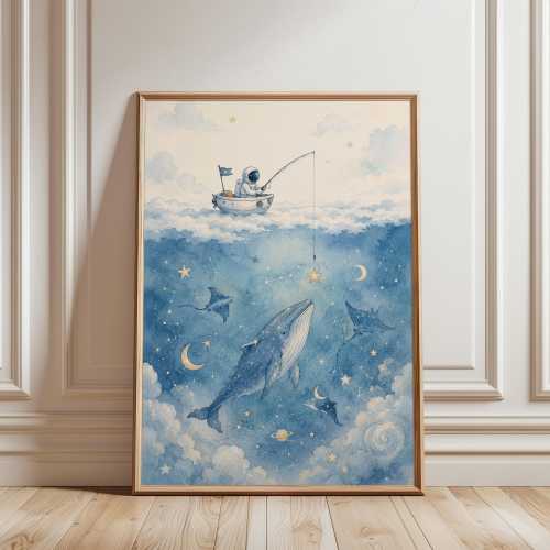 Astronaut Fishing Wall Art, Whimsical Watercolor Poster, Dreamy Cloudscape Print, Nursery Decor for Space Lovers, Baby shower gift