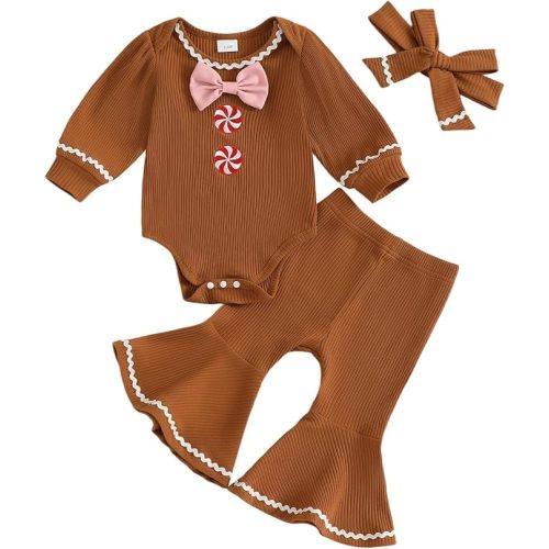 Hnyenmcko Newborn Baby Girl Clothes Ribbed Long Sleeve Ruffle Romper Bell-Bottom Pants Headband Set 3Pcs Fall Winter Outfits