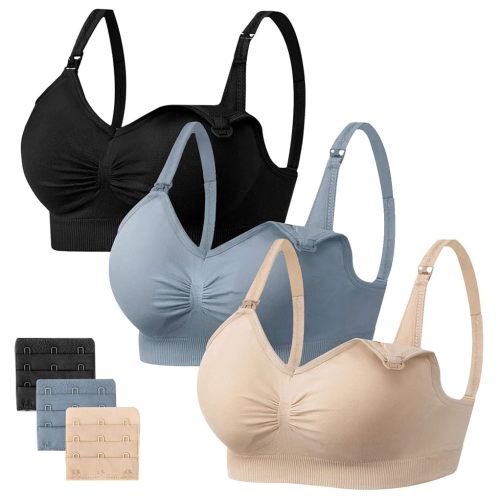 Angelhood Womens Seamless Sleep Nursing Bra,Breastfeeding Maternity Bra with Remove Bra Pads Extenders Pack of 3