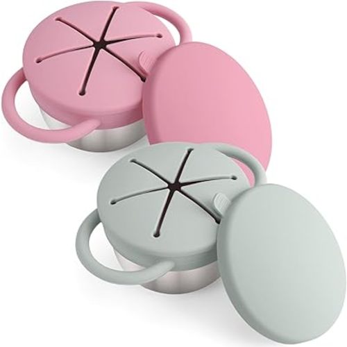 Mity rain Stainless Steel Snack Containers for Toddlers with Spill-Proof Silicone Lids Handles - 3-in-1 Baby Snack Cups, No-Spill Toddler Snack Box (Light Green+Pink, Two piece set)