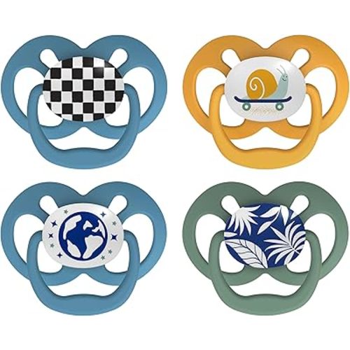 Dr. Brown's Advantage Glow-in-the-Dark Baby Pacifier, Fully Symmetrical Soother with Soft Silicone Bulb, Skateboard Snail-Blue Nature, 6-18m, BPA Free, 4 Pack