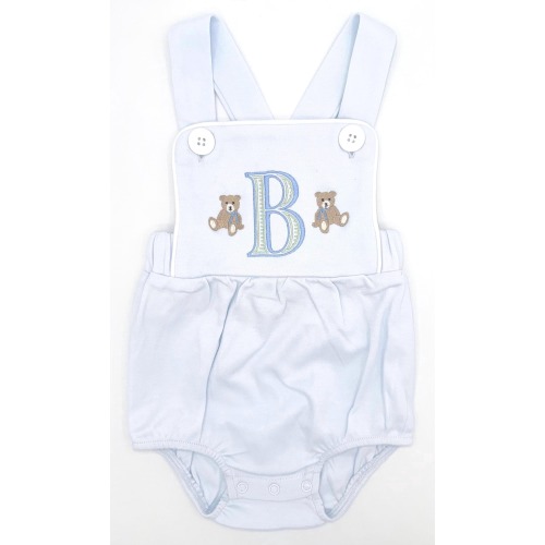 Embroidered Teddy Bear Sunsuit: Light Blue Baby Boy Romper, Custom Initial