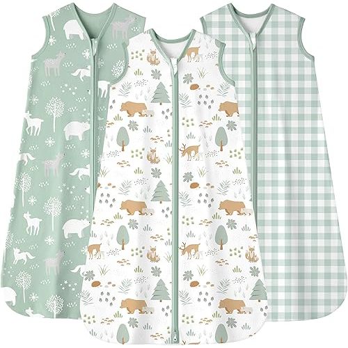 Baby Sleep Sack 0-6 months, 100% Cotton Sleeping Sack for Newborn and Infant, 3 Pack Baby Wearable Blanket, 0.5 Tog Lightweight Double Zipper Sleep Bag Small Green Forest Bear