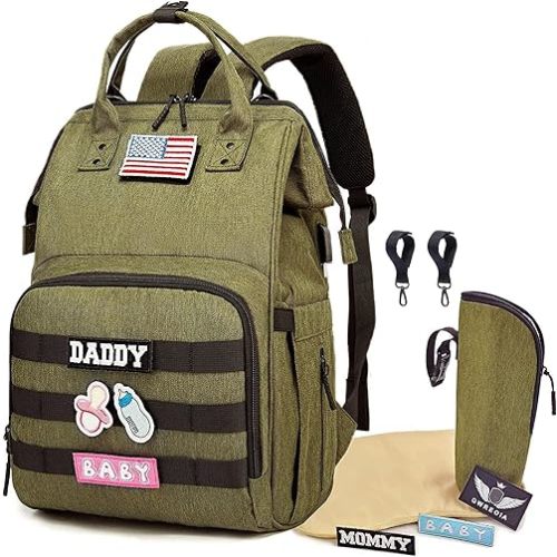 QWREOIA Diaper Bag Backpack for Dad and Mom with USB Charging Port Stroller Straps and Insulated Pocket,army military Travel Nappy Backpack for daddy mommy (Green)