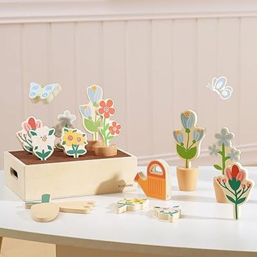 Wooden Toy Flower Garden Blossom Flowerpot Set Natural Gardening Toy Playset for Toddlers Pretend Play Wooden Toy Food Set Indoor Garden for Girls Boys 3 Years and Up