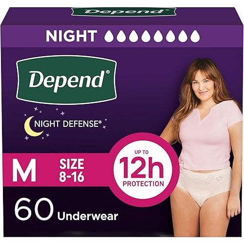 Depend Night Defense Adult Diapers, Incontinence & Postpartum Bladder Leak Underwear for Women, Disposable, Overnight, Medium, Blush, 60 Count (4 Packs of 15), Packaging May Vary