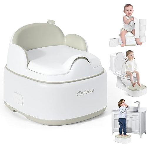 Orzbow 3-in-1 Potty Training Toilet, Detachable Baby Potty, As Toddler Toilet Seat, Chair, Step Stool for Boys & Girls 18+ Months, Potty Training Seat with Splash Guard, Lid, Easy Clean, Brown