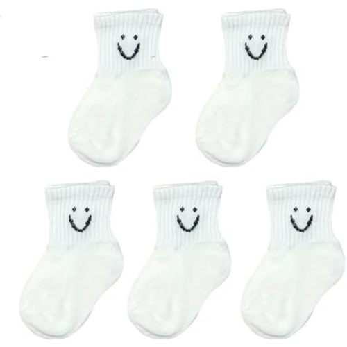 Toddler Boys Girls Crew Socks, Happy Face Unisex Kids Soft Cotton Solid Color Dress Ankle Socks, Pack of 5