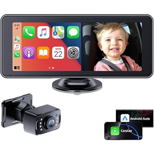 Baby Car Camera with 7" HD Touchscreen, Compatible with CarPlay and Android Auto, Featuring 1080P Split-View Night Vision and 150° Wide Angle for Rear Facing Car Seat