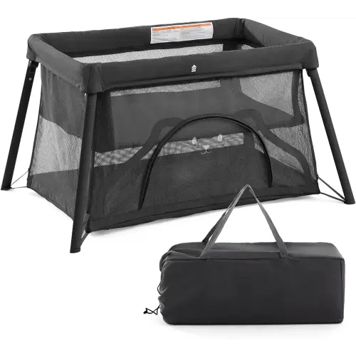 Lamberia Travel Crib, Portable Crib for Baby Lightweight Travel Bassinet with Comfortable Mattress and Carry Bag for Babies to Toddlers, Folding Portable Baby Playpen (Dark Grey)