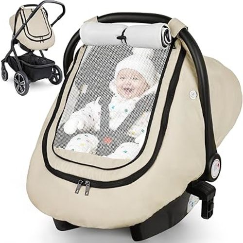 Rquite Car Seat Cover Baby, Winter Carseat Covers Boy Girl, Waterproof Infant Car Seat Cover Warm Car Seat Canopy for Cold Weather, Windproof Baby Carrier/Stroller Cover with 2 Layers Windows, Beige