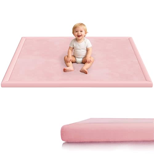 Baby Play Mat for Floor, 1.3'' Thick Memory Foam Tummy Time Mat - Super Soft Coral Velvet Nursery Rug with Non-Slip Backing, Crawling Rug for Toddlers/Infants, Yoga & Tatami Use, Light Pink, 50''x50''