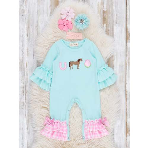 Embroidered Horsing Around Gingham Ruffle Romper