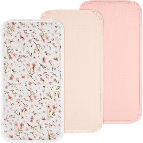 3 Pcs Waterproof Changing Pad Liners Reusable Baby Diaper Pad Liners for Girl Boy 27.5 x 14.2 Quilted Floral Cotton Changing Table Cover(Pink Floral)