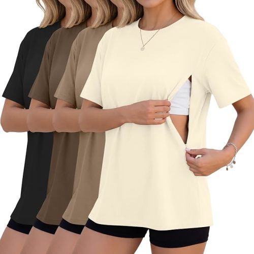 4 Pack Women's Oversized Nursing Breastfeeding Shirts with Hidden Zipper Maternity Short Sleeve Nursing Tees Tops