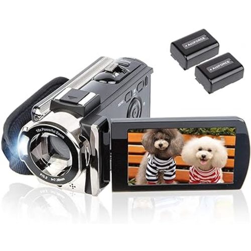 Video Camera Camcorder Digital Camera Recorder Full HD 1080P 15FPS 24MP 3.0 Inch 270 Degree Rotation LCD 16X Zoom Camcorder with 2 Batteries(604s)