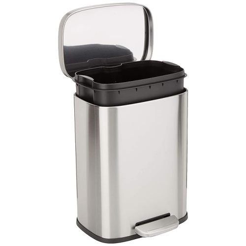 Amazon Basics Smudge Resistant Mini Rectangular Trash Can With Soft-Close Foot Pedal, Brushed Stainless Steel, for Bathroom & small space, 5L/1.32 Gal, 7.3x8.5x11.8 in, Satin Nickel Finish