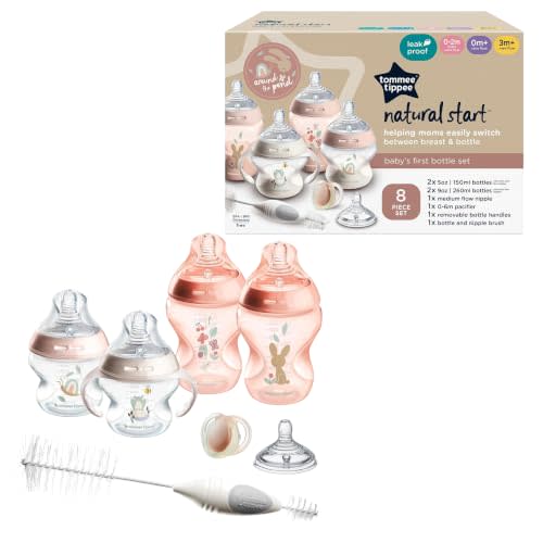 Tommee Tippee Natural Start Baby Bottle Set, 8 Pieces, 0m+, Pink | 2x5oz & 2x9oz Bottles, Medium Flow Nipple, 0-6m Pacifier, Removable Bottle Handle, Cleaning Brush, BPA Free