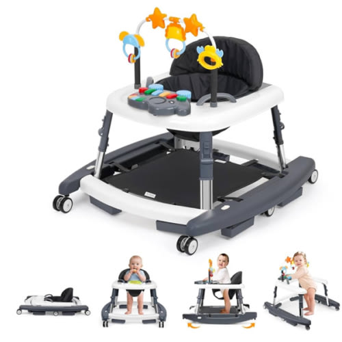5-in-1 Music and Lights Baby Walker Foldable with 5 Adjustable Heights, Baby Walker with Wheels and Bouncer Combo Portable, Infant Toddler Walker for Baby Boy Girls 6-18 Months