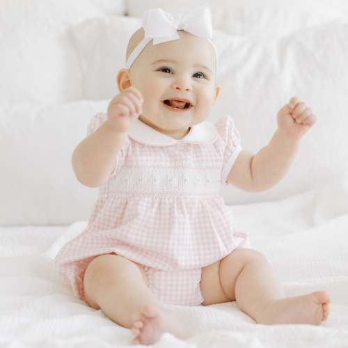 Mini Checks Smocked Short Sleeve Bubble - Pink
