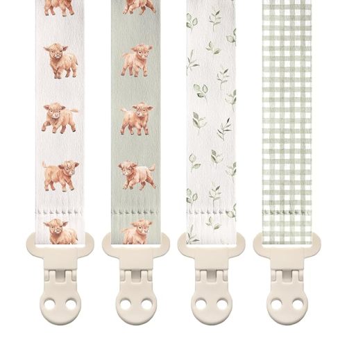 Stadela Baby Fabric Pacifier Clip Holder, Plastic Clip, 4‑Pack, Farm Pattern, Rowan Set