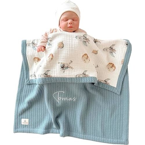 Mouliss Personalized Baby Blanket with Name – Handmade 100% Organic Cotton Newborn Gift | Custom Knit Blanket for Boys, Girls, Kids & Baby Showers