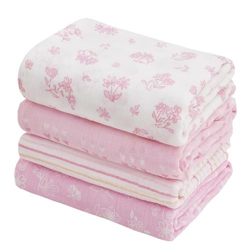 Viviland Muslin Swaddle Blankets, Swaddle Wrap for Boys and Girls, Breathable and Skin-Friendly Baby Receiving Blankets, Baby Essentials, 4-Pack Flowers & Heart, 47 x 47 inches