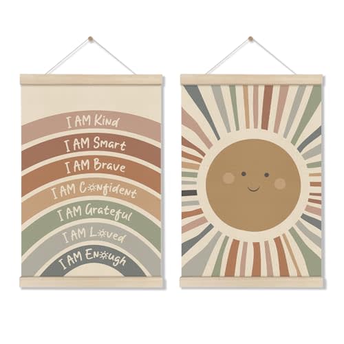 Positive Affirmations Posters, I Am Kind Smart Brave Rainbow Sun Wall Decor, Motivational Inspirational Wall Art for Mental Health Office Playroom Nursery Bedroom, 2pc Hanger Frame, 16X12 Inch