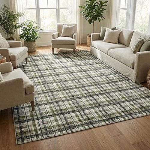 Large Area Rug 9x12 Plaid Rug Washable Rugs for Living Room Non Slip Soft Farmhouse Non-Shedding Carpet Indoor Low Pile Foldable Rugs for Bedroom Dining Room Nursery Playroom Green Taupe