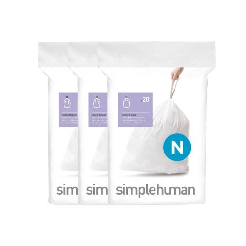 simplehuman 45-50L Code N Custom Fit Trash Bag Liners 3 Quick-Dispense Packs - 60ct: Tall Kitchen, Drawstring, White