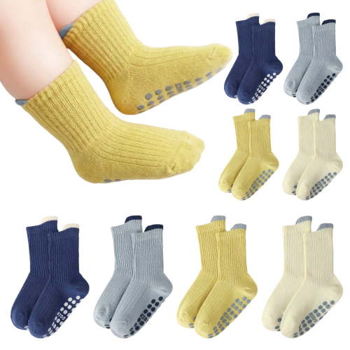 Bocaoying 8 Pairs Toddler Non Slip Crew Socks with Grippers, Cute Soft Baby Socks, Anti Skid Cotton Socks for 1-3 Years Girls Boys Children Infants