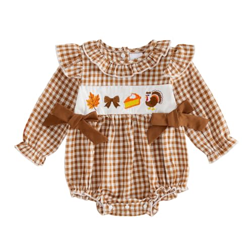 MoZiKQin Baby Girl Thanksgiving Outfit Turkey Bubble Romper Long Sleeve Doll Collar Plaid Jumpsuit Boutique Fall Clothes