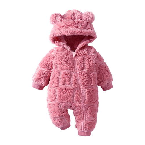 UACY Newborn Baby Heart Fleece Snowsuit Infant Girls Cute Furry Bear Outfits Winter Warm Hooded Jumpsuit Zip Up Onesie (Hot Pink, 0-3 Months)