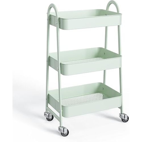 NEWBULIG 3-Tier Metal Rolling Cart with Lockable Wheels, Heavy Duty Mobile Utility Storage Shelf, Roller Book Snack Cart, Organization for Livingroom, Bathroom, Office, Green
