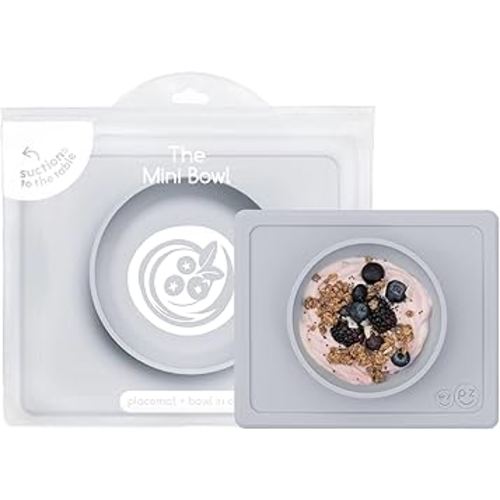 ezpz Mini Bowl (Pewter) - 12 Months+ - 100% Silicone Suction Placemat + Bowl for Toddlers - Comes with a Reusable Travel Bag