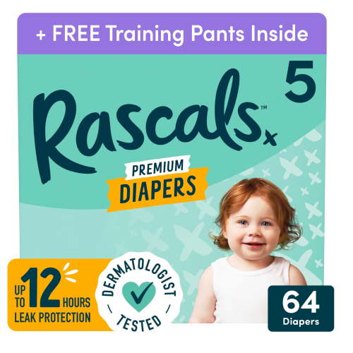 Free Shipping! Rascals Baby Diapers Size 5 64 Count Ultra-Absorbent Leak Protection Hypoallergenic