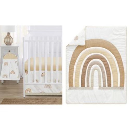 Sweet Jojo Designs Boy or Girl Gender Neutral Unisex Baby Crib Bedding Set - Boho Rainbow Taupe Yellow and Beige 4pc