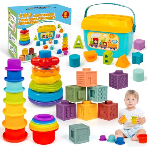 GJOF2YK Montessori Baby Toys for Ages 6–18 Months with Sensory Shape Sorter Matching Game Toy Stacking Ring Soft Building Blocks Developmental Learning Toys for Toddlers 1+ Year Old