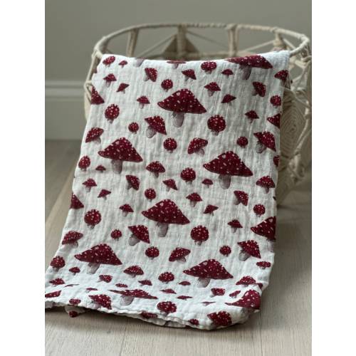 100% GOTS organic cotton muslin baby swaddle blanket large 47” red mushroom print