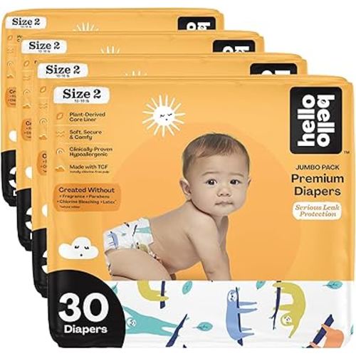 Hello Bello Premium Baby Diapers Size 2, 30 Count of Disposable, Extra-Absorbent, Hypoallergenic Diapers with Snug and Comfort Fit, Sleepy Sloth (Pack of 4)