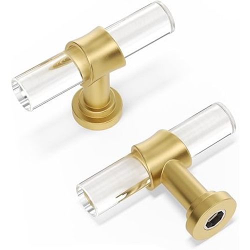 Peaha Acrylic Drawer Knobs Kitchen Cabinet Handles Gold Dresser Drawer Pull Brushed Brass Cabinet Hardware T Bar Cabinet Knobs Decorative Kitchen Cabinet Knob Acrylic Cabinet Knob, 2in Length, 10 Pack
