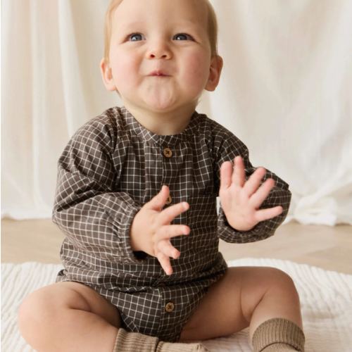 Organic Cotton Ellis Playsuit - Coffee Grid – Jamie Kay USA