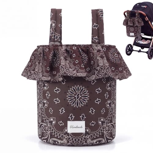 Ruffle Stroller Bag with Handles, Brown | Quality Cotton, Brown Paisley Bandana Print, 15.5" H x 9.4" Diameter, Trendy, Waterproof Lined, Moms Baby Travel
